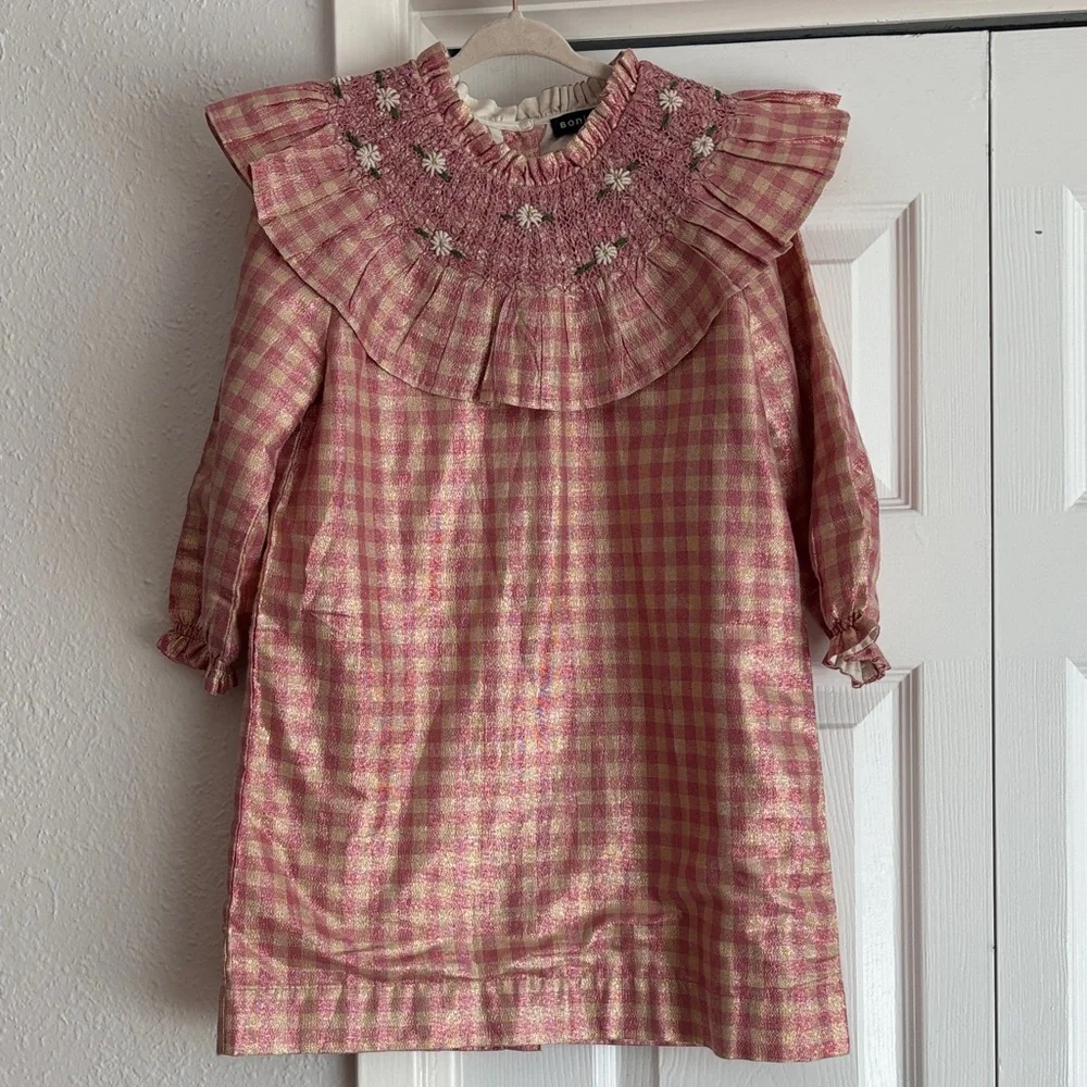 Bonjour Diary Girls Lurex Gingham Ruffle Floral Embroidered Smocked Collar Dress - Picture 2 of 7